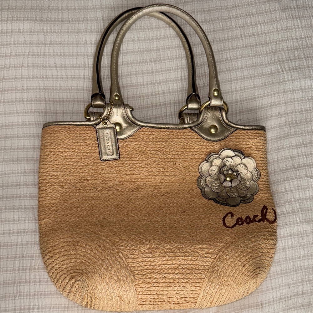 Coach Tan and Gold Floral Tote